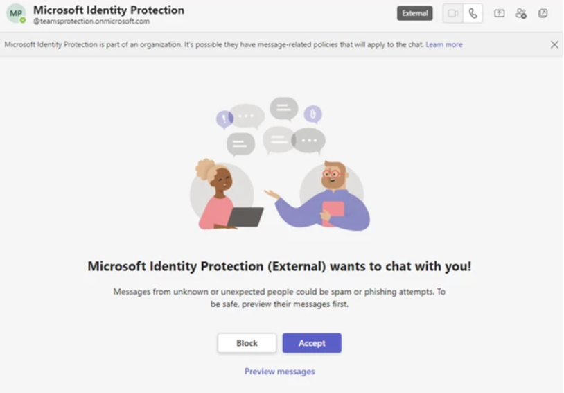 As shown in the screenshots above, the attackers posed as “Microsoft Identity Protection” as an external user masquerading as a technical support or security team.
